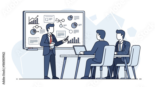 Business Presentation with Charts and Graphs on Whiteboard During Meeting