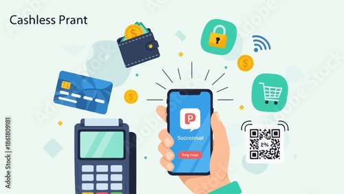 Hand holding smartphone with payment screen amidst floating icons illustrating cashless transaction process