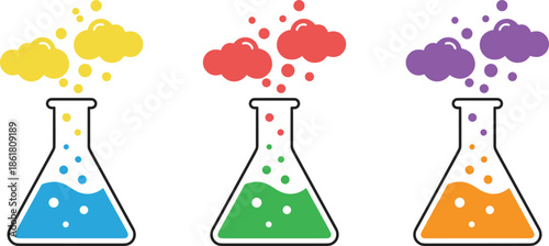 Colorful chemistry flask icons set, science experiment reaction concept, laboratory glassware symbols, education research illustration, flat vector design