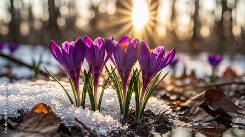 Purple Crocuses Emerge Through Melting Snow at Sunrise in a Serene Forest Landscape.