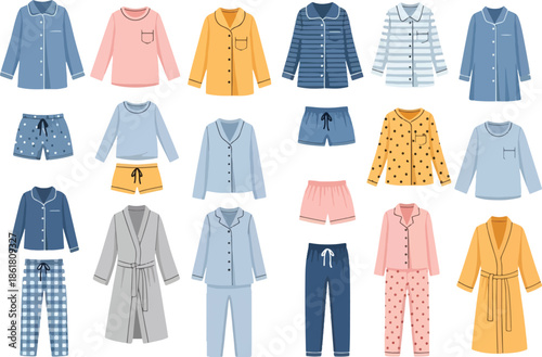 A seamless pattern of various styles of pajamas robes and sleep shorts