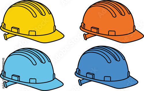 Construction safety helmet icons set, colorful hard hat illustrations, protective headgear equipment, industrial worker safety concept, flat vector design