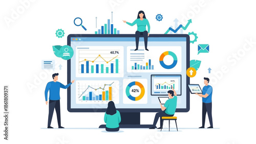 Team Collaborating on Data Analysis around Large Computer Screen Displaying Various Charts and Graphs