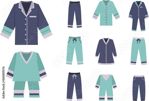 A tiled pattern of various pajama tops and pants in blue and teal colors