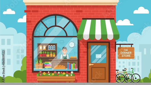 A vibrant corner store exterior with a green awning and bicycles parked outside in a lively urban environment