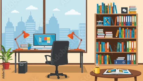A modern office space with a computer, bookshelves, and a cityscape view featuring dec6ddb5 elements in the workspace environment
