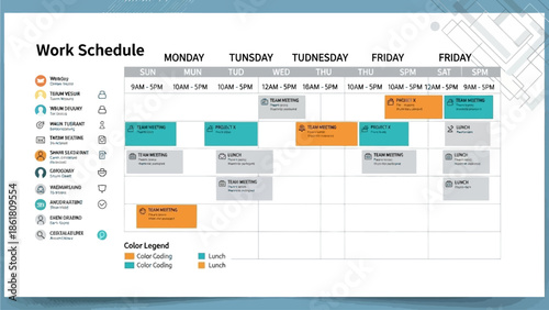 Organizing Tasks on a Weekly Planner with Color-Coded Schedules and Meeting Notes