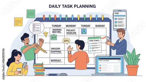 People planning daily tasks around a large calendar with laptops and notes