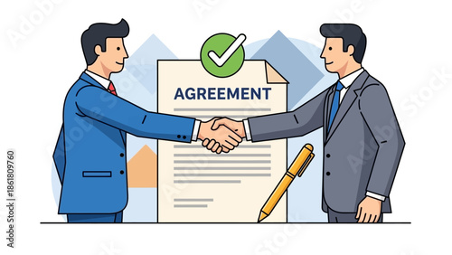 Two businessmen in formal attire shaking hands over a signed agreement document with a pen on the table