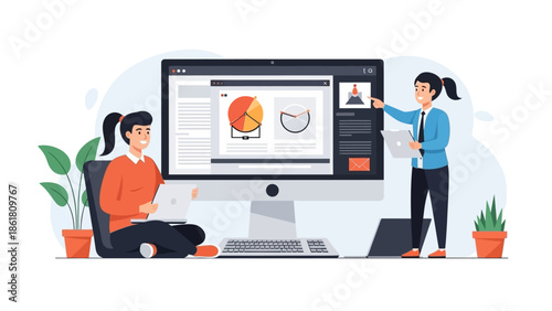 Designers collaborating on digital artwork on large computer screen in modern office setting caa7272f