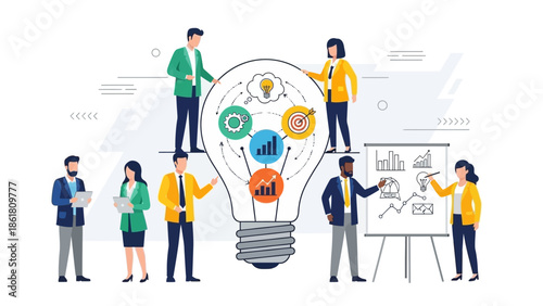 Team collaborating around an innovative lightbulb idea with charts and graphs on Page Display