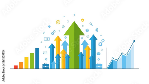 Business growth chart with rising arrows and graphs illustrating success and progress