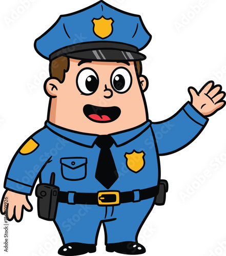 Cartoon police officer, friendly law enforcement mascot, children’s safety character illustration, cheerful cop artwork, educational design graphic, community helper figure
