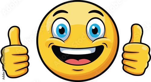 Cartoon smiley face, cheerful emoji mascot, happy yellow character illustration, thumbs up design artwork, positive expression graphic, playful encouragement symbol