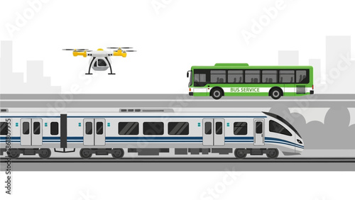 Modern transportation system featuring train, bus, and drone in urban landscape