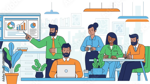 Business Team Collaborating in a Modern Office Setting with Graphs and Plants