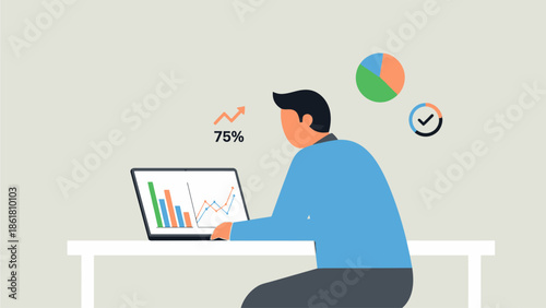 Man analyzing business data on laptop with statistical charts and graphs displayed on screen