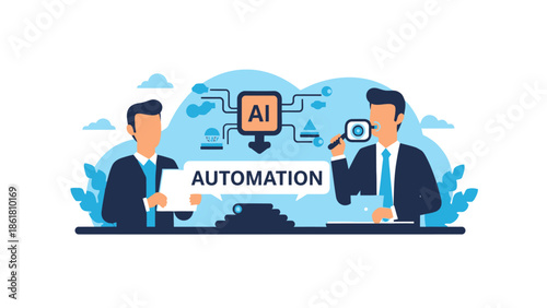 Two professionals collaborating on AI automation project in a modern office environment