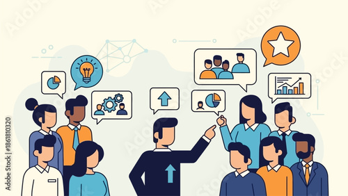 Diverse group of people collaborating and brainstorming ideas together in a modern setting with a49c17c1-3b7f-4946-846d-81dadf967b09 ideas floating around