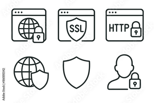 Secure data line icons set with website safety and https protocol