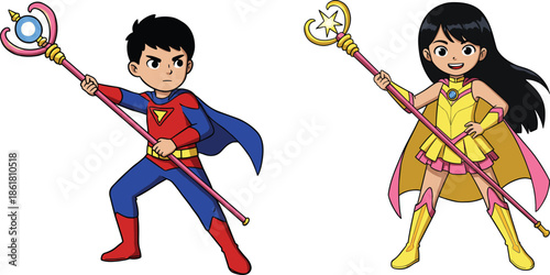 Cartoon superhero boy and girl, magical warrior kids, fantasy costume characters, holding staffs, action pose, colorful illustration, children adventure art