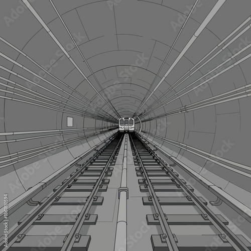 Underground Subway Tunnel with Train Tracks.