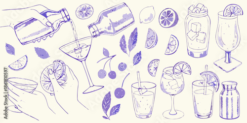 A refreshing collection of summer drinks and citrus fruit sketches in purple