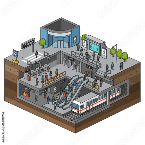 Isometric Subway Station with Train and Passengers.