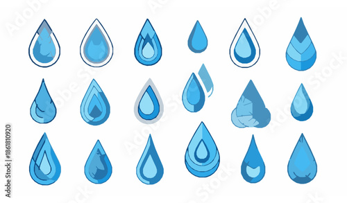 Geometric blue water drop line icons vector set isolated