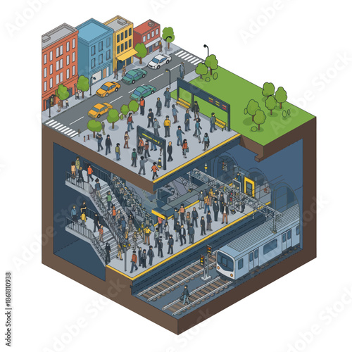 Isometric View of Busy Train Station Scene.