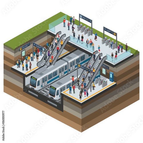 Underground Subway Station with People and Train.
