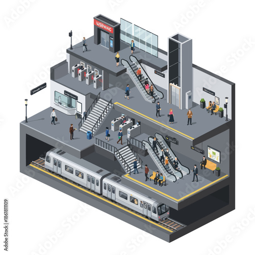 Isometric View of Busy Train Station Platform.
