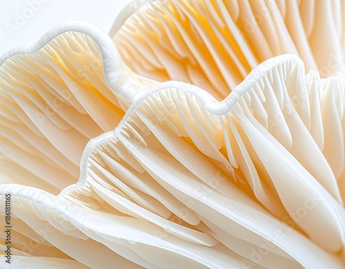Macro view of layered, creamy fungus, revealing intricate gills and curves