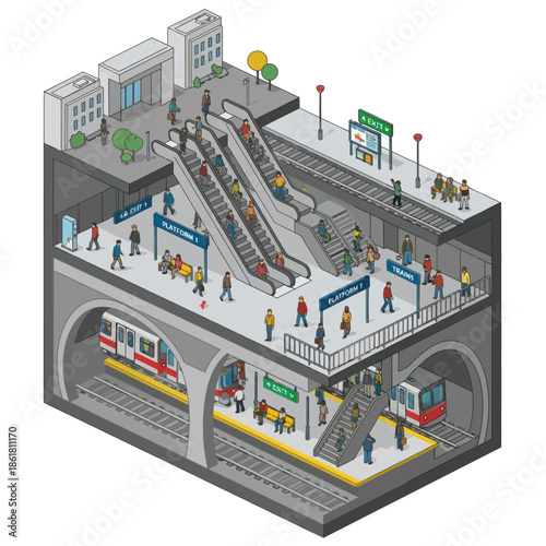 Isometric View of Busy Subway Station Scene.