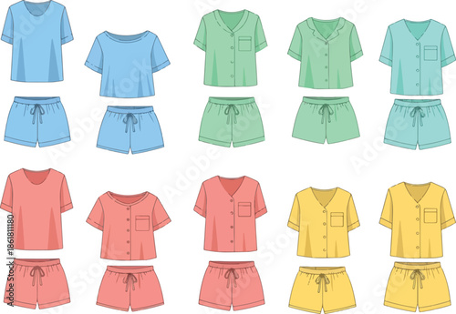 Assortment of shortsleeved pajama tops and matching drawstring shorts in various colors