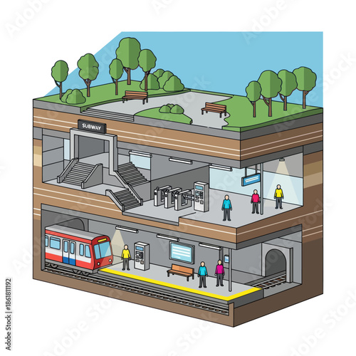 Underground Subway Station with Train and People.