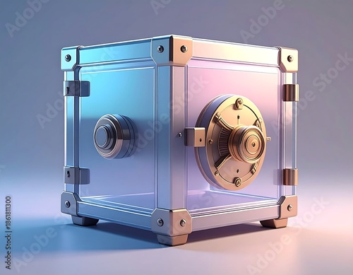 A clear, metallic-edged cube safe with a golden dial and lock