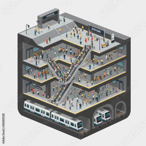 Isometric View of Busy Train Station Platform.