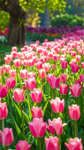 Field of vibrant pink tulips in full bloom on a sunny day