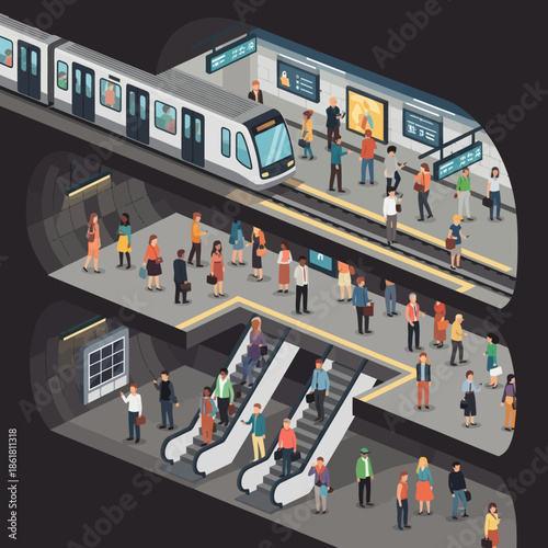 Subway Station with People and Train.