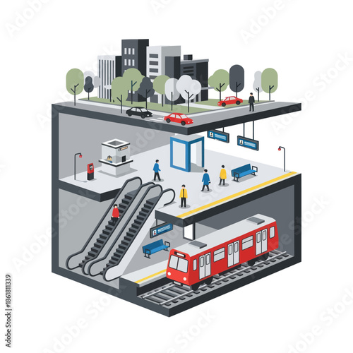 Underground Train Station with Red Train.