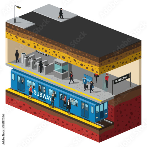 Isometric Subway Train Station with People.