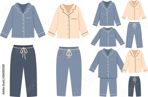 Collection of illustrated blue and beige pajama sets with long sleeves and trousers