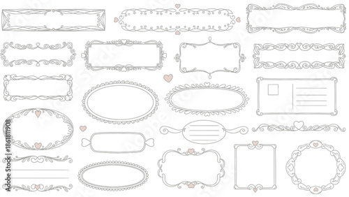 A collection of elegant hand-drawn vintage frames, ornate borders, and decorative labels with subtle heart accents, perfect for design elements.