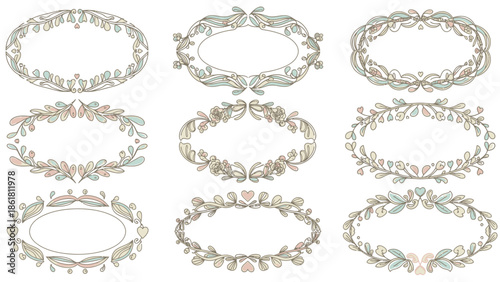 Collection of nine elegant oval frames with delicate floral and leafy decorative patterns, perfect for vintage design projects and invitations.