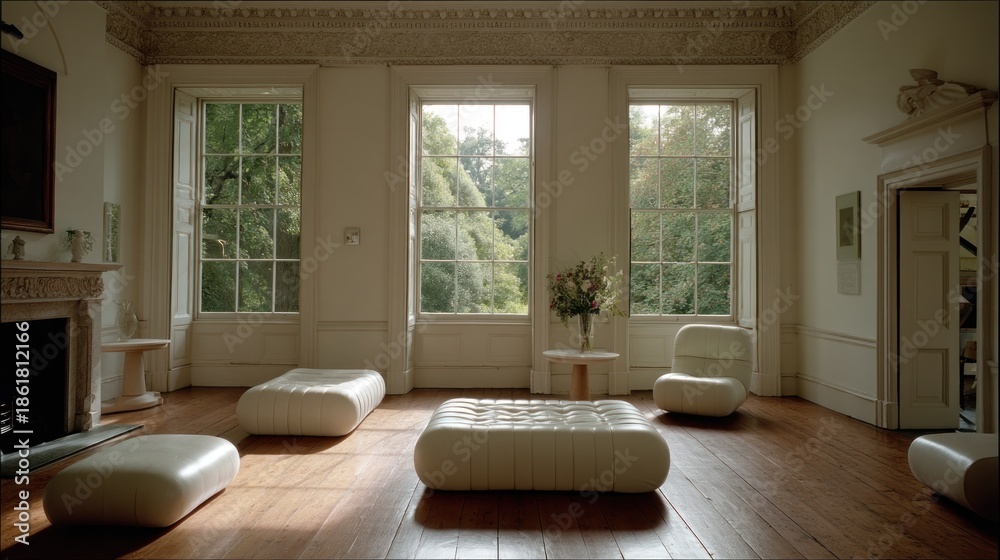 Fototapeta premium Cream-colored furniture arranged in a light-filled room.