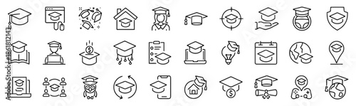 Set of 30 pixel perfect graduate education and university degree outline icons for web design application and mobile uiux design in the education industry