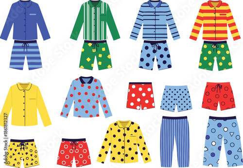 Collection of illustrated mens pajama sets and separates with various patterns