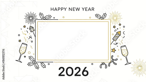 Happy New Year 2026 festive greeting card template with golden and black celebratory elements and a central frame.