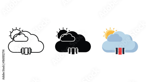 Cloud computing icons set with server and sun